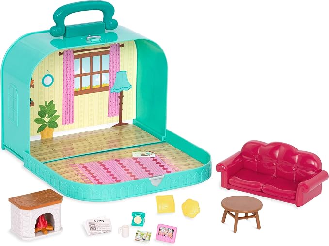 Li'l Woodzeez – Living Room Playset with Furniture & Accessories – Compact Travel Suitcase, Portable Dollhouse Playset for Imaginative Pretend Play – Miniature Toy Set for 3+ Years