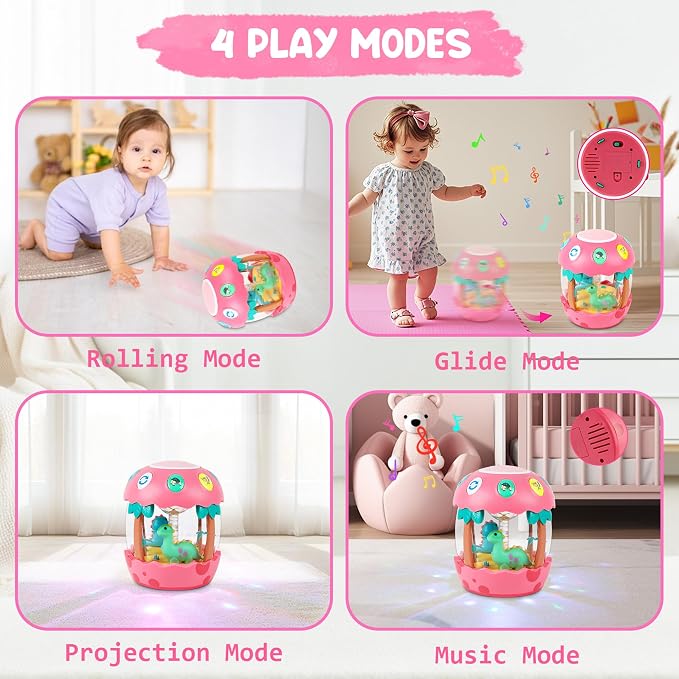 M SANMERSEN Baby Girl Toys, Dinosaur Rotating Light Up Musical Baby Toys for 12-18 Months Newborn Infant Crawling Tummy Time Toys, Birthday Easter Gifts for Baby Girls- Pink