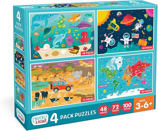 Chuckle & Roar Jigsaw Puzzle Set - 4 Pack, 48, 72 & 100 Pieces, Ages 3+ - Space, Ocean, Safari & World Map Scenes - Color Coded Backs & Storage Bags - Learning Toys for Preschool