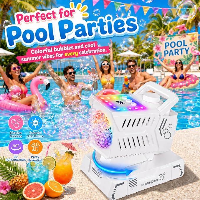 Bubble Machine Remote Control,Auto Rotation & 11 RGB Lights | 1800mAh Rechargeable Battery/USB-C Charging,Top-Fill Portable Bubble Maker for Kids Birthday Party Wedding Pool Outdoor