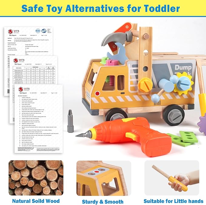 Kids Tool Set - 40 Pcs Wooden Toddler Tool Bench with Toy Drill,Montessori STEM Construction Pretend Play Toys for 3 4 5 Year Old Boys Girls, Toolbox Truck with Storage, Toddler Birthday Gift