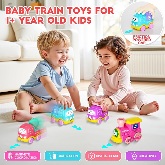 Funwee Steam Track Train Set for Toddlers, Magnetic Connection Train Toys w/Lights & Sounds, Electric Cartoon Choo Choo Train, Toy Train Christmas Birthday Gift for Toddlers 2 3 4 5+ Boy Girl (Pink)