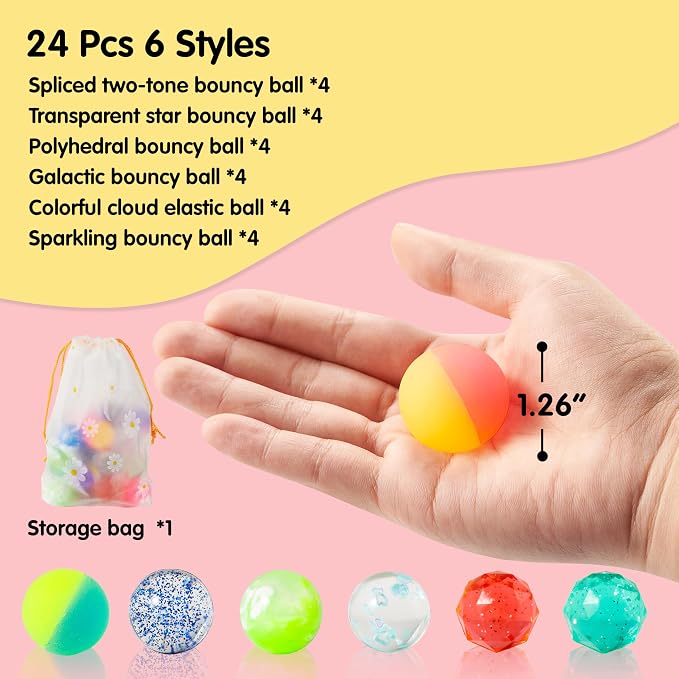 JOYIN 24 PCS Multistyle Bouncy Balls, 6 Styles 32mm Assorted Bouncy Balls Bulk with Storage Bag, Bounce Toys for Kids Party Favors Birthdays Gifts Goodie Bags Stuffers Carnival Prizes