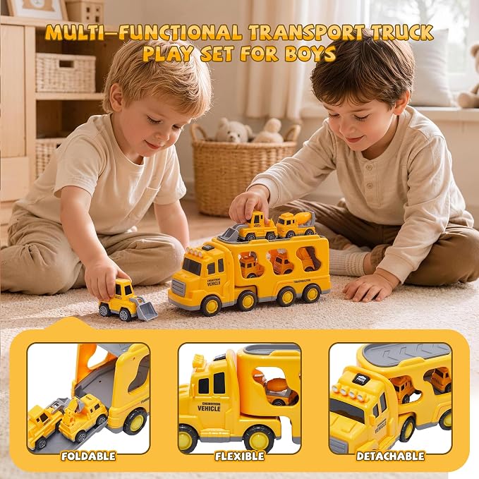 JoyRapt 5 in 1 Construction Truck Toys for Toddlers 3-5, Carrier Transport Trucks 4 Pack Small Pull Back Construction Vehicles Friction Power Cars, Christmas Birthday Gift Toys for Boys Girls.