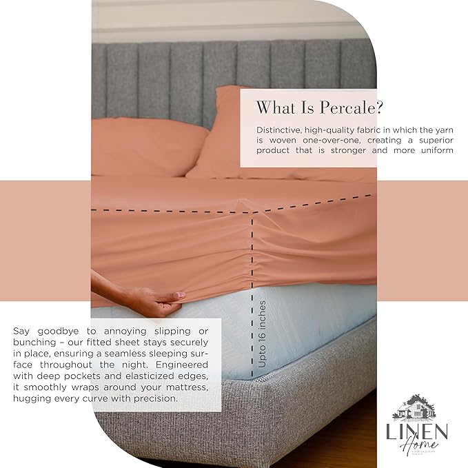 Linen Home 100% Cotton Percale Sheets Twin Size, Tera Clay, Deep Pocket, 3 Pieces Set- 1 Flat, 1 Fitted and 1 Pillowcase, Crisp Cool and Strong Long Staple Bed Linen