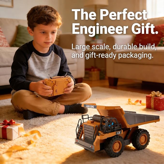 RC Dump Truck Toy, Remote Control Construction Truck with Bed Lift/Lower, 4WD Heavy Duty Sand Toy with 2 Batteries, Best Birthday Gifts for Boys 3-5 4-7 8-12 Year Old