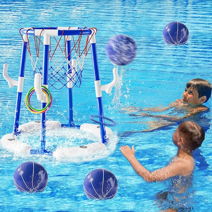 2-in-1 Pool Basketball Hoop & Ring Games with 4 Balls 12 Rings and Pump, Summer Water Outdoor Party Swimming Pool Toys Games for Kids Ages 4-8 8-12 Adult, Family Water Party Birthday Games Toys