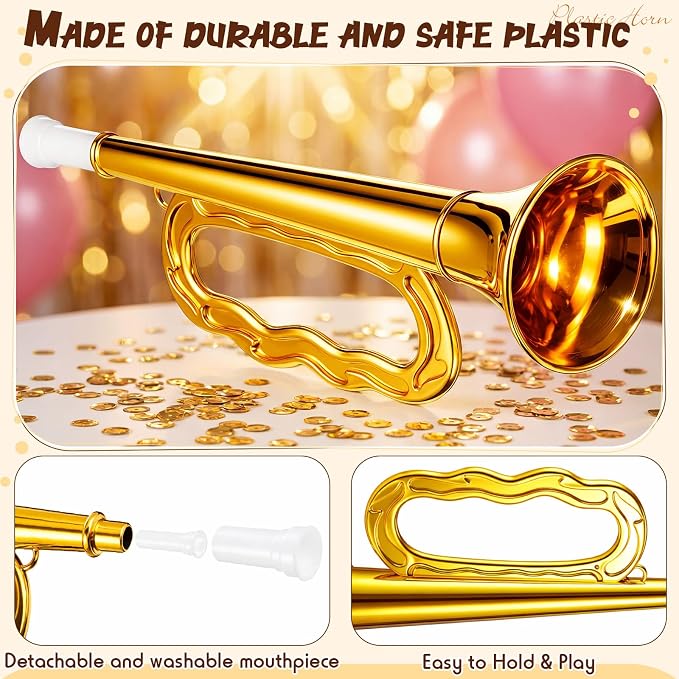 Lewtemi Gold Bugle Horn Musical Instruments Toy for Kid Toddler Fake Plastic Preschool Music Toy Gift Portable Wind Instrument Early Educational Teaching Songs Gifts for Toddlers Children
