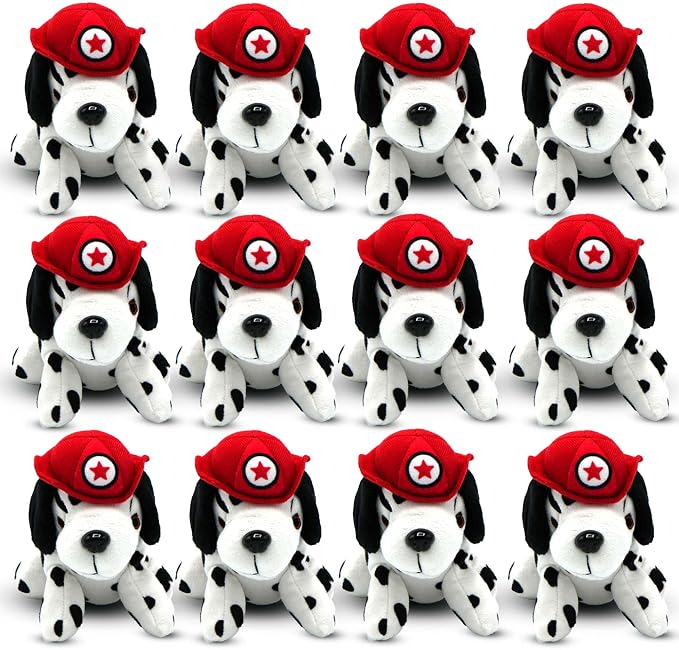 4E's Novelty 12 Pack Dalmatians Stuffed Animals - Soft Stuffed Dog Plush, 6” Small Puppy Plush with Fire Hat, Dog Toy for Kids, Birthday Party Favors