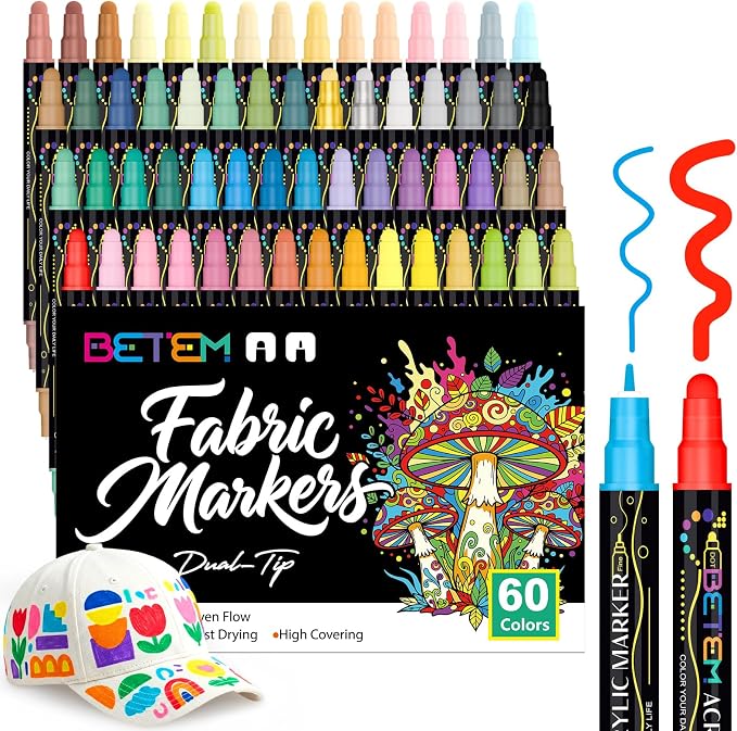 Betem 60 Colors Dual Tip Acrylic Paint Markers, Fabric Decorating Kits Premium Water-Based Acrylic Paint Pens Art Supplies for Fabric, Rock, Wood, Glass, Canvas, Ceramic, Teacher Appreciation Gift