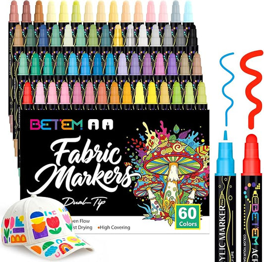 Betem 60 Colors Dual Tip Acrylic Paint Markers, Fabric Decorating Kits Premium Water-Based Acrylic Paint Pens Art Supplies for Fabric, Rock, Wood, Glass, Canvas, Ceramic, Teacher Appreciation Gift