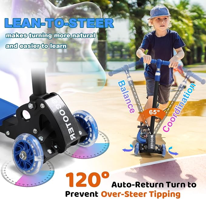 Kids Kick Scooter, Kick Scooter for Kids 2-7 Age, Light up 3 Wheels Kick Scooter, Heavy Duty Folding Lean-to-Steer Scooters with 3 Adjustable Handlebar for Boys Girls Blue