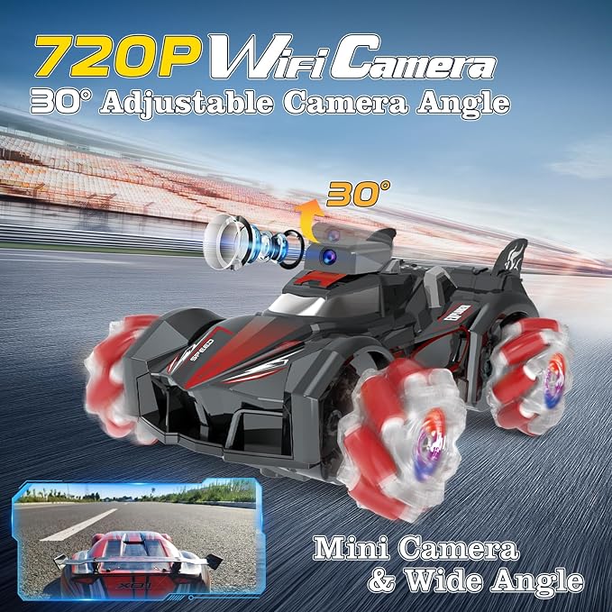 Yasola RC Car with Camera for Kids, Remote Control 360° Rotating High Speed Stunt Vehicle Toy for Boys and Girls, Rechargeable Racing Drift Cars with Flashing Lights and Dynamic Sound for Adults