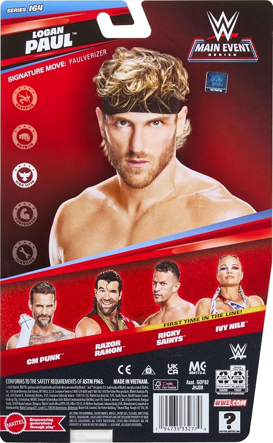 Mattel WWE Logan Paul Action Figure, Main Event Series #164, 6-inch Collectible Superstar with 14 Articulation Points & Life-Like Look