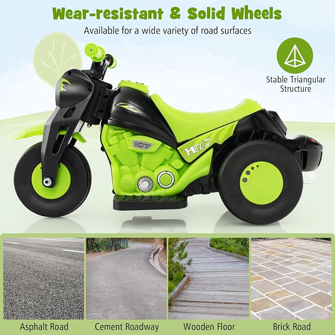 Costzon Kids Motorcycle, 6V Battery Powered Ride on Motorcycle with Bubble Maker, Music, LED Headlight, Forward & Backward, 3 Wheels Electric Motorcycle for Kids, Gift for Boys & Girls (Green)