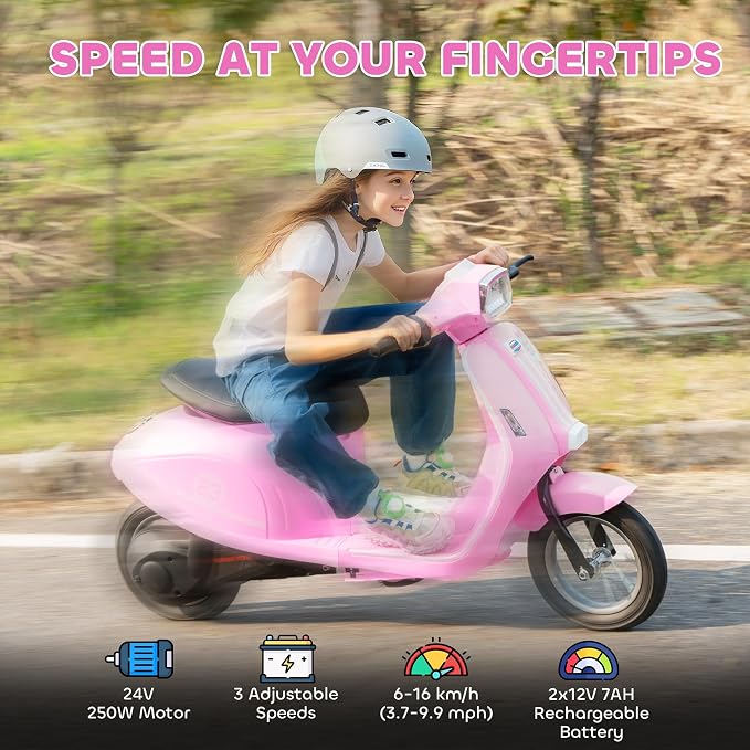 Qaba 24V Kids Motorcycle, Electric Motorcycle with 250W Motor, 3.7-9.9 mph, 7AH Batteries, 12" Inflatable Tires and Rear Suspension, Battery Powered Ride On Toy with LED Lights for 8-12 Years, Pink