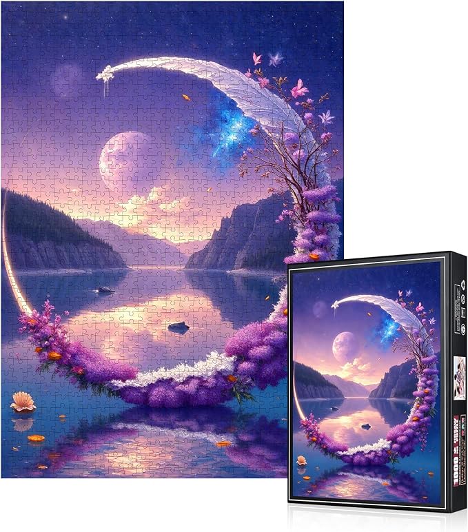 Dreamy Crescent Moon Lake Jigsaw Puzzle for Adults- Challenging DIY Brain Teaser Jigsaw Puzzles 1000 Pieces for Adults, Family Game Night Fun, Decorative Puzzle with Surreal Landscape Design