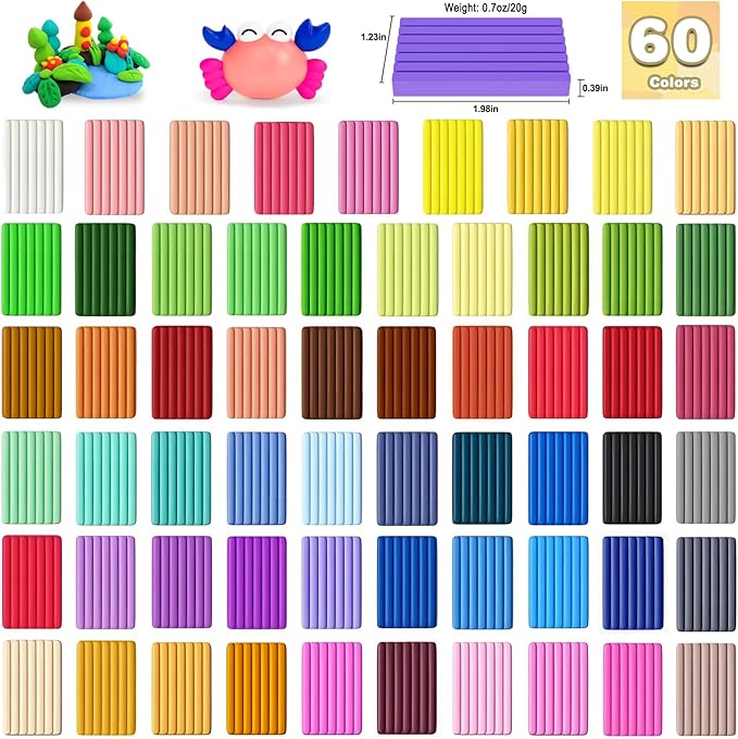 Ixiaoyoo 60 Colors Polymer Clay, DIY Modeling Clay Starter kit for Kids, Oven Baked Model Clay Art & Crafts Toys with Sculpting Tools, Non-Sticky, Birthday & Christmas Gift for Kids & Adults Artists