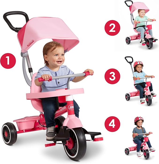 Radio Flyer 4-in-1 Stroll 'N Trike, Ages 1-5, Toddler Tricycle & Stroller, Foam Tires, Push Handle, UV Canopy, Removable Tray, Seatbelt, Amazon Exclusive