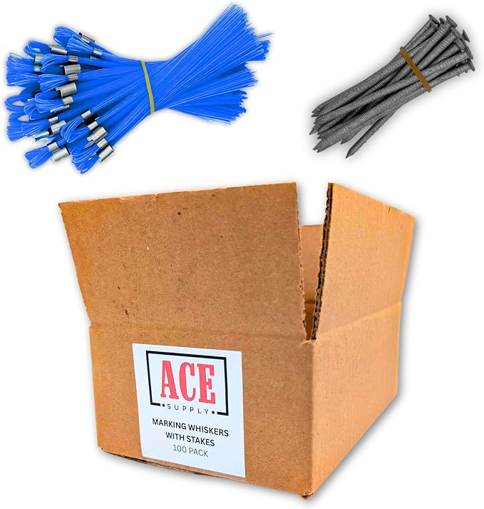 Blue Marking Whiskers with Stakes - 100 Pack - Durable Marking Whisker Set - Use Survey Whiskers As Ground Markers, Construction Markers, Or Trail Markers