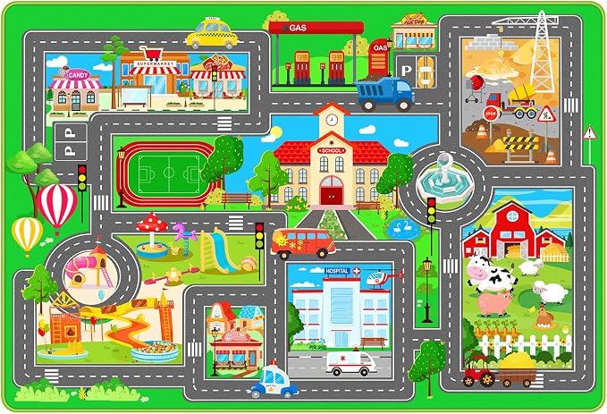 Kids Car Playmat, Kids Rug for Playroom Car Mat Town City Road Traffic Rugs, Play Mat for Floor, Extra Large Boys Kid Car Track Play Rug (Style SIX, 59X 39.4 INCH)