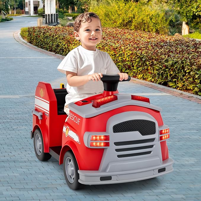Costzon Ride on Fire Truck, 12V Toddler Fire Toy Kids Car w/Shovel & Wrench, Fire Extinguisher, Ladder, Safety Hat, 4 Anti-Slip Wheels, Music, Alarm, Horn, Electric Vehicle Gift for Toddlers (Red)