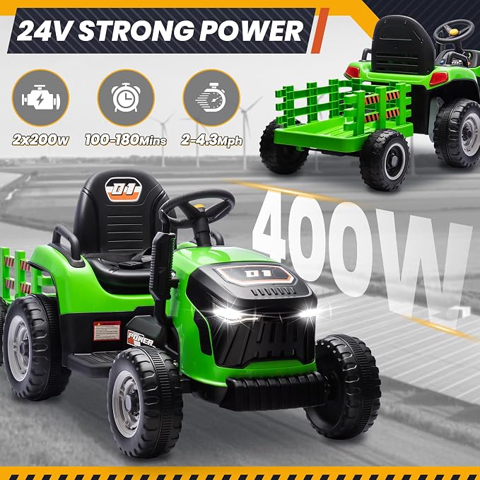 JOYRACER 24V Ride On Toys for Kids, Electric Ride on Tractor w/400W Motors, Tiltable & Detachable Trailer, Adjustable Seat, Bluetooth, Music, Remote Control Tractor Toys for Kids Ages 3+, Green