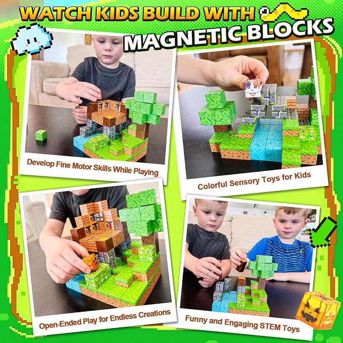Norline Magnetic Blocks - 100PCS Build Mine Magworld Forest Cottage Set, Kids Building Toys for Boys Girls Age 3-5 4-8 5-7, Construction Craft Sensory Toys Birthday Gifts for 3+ Years Old