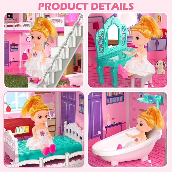 Doloowee 4-Story Dollhouse with Slide & 2 Dolls, 10-Room Toy Playhouse | Ideal screen-free play for girls ages 3-8; perfect for birthday parties, Christmas, and princess bedroom activities.