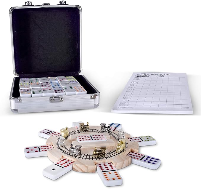 Mexican Train Dominoes Set Double 12 Color Dots | Wooden Hub, 8 Metal Trains, Aluminum Case