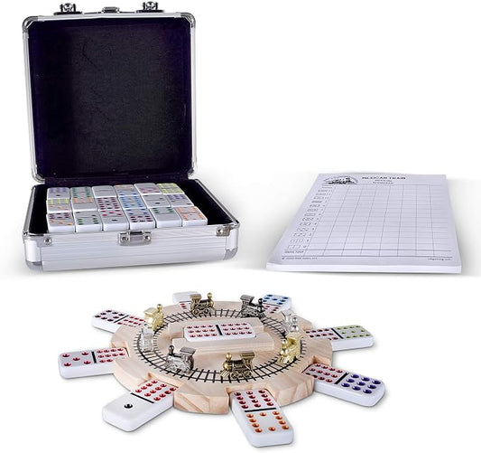 Mexican Train Dominoes Set Double 12 Color Dots | Wooden Hub, 8 Metal Trains, Aluminum Case