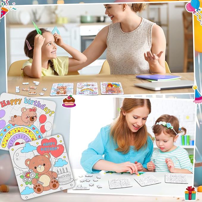 Realspring 24 Pack Happy Birthday Color Your Own Jigsaw Puzzles for Kids 3-5, 4-6, 6-8, Coloring Crafts DIY Paper Puzzles Party Favors Gifts for Toddler Children Learning Education Toys