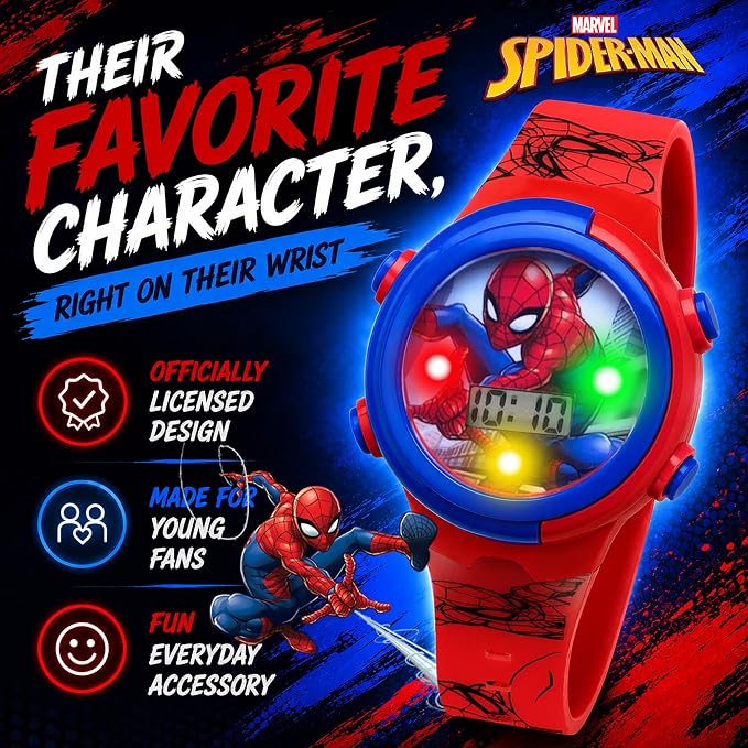 Marvel Spider-Man Kids Watches – Digital Display, Interactive Features, Adjustable Strap, Vibrant Spider-Man Graphics, Durable for Active Kids
