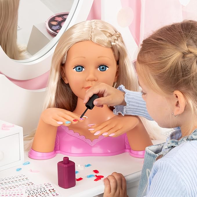Bayer Design Charlene Magic Nails Styling Head Doll with Hair & Nail Art, 10.5 in Tall Bust, Movable Hands, Beauty Salon Toy for Kids Ages 3+