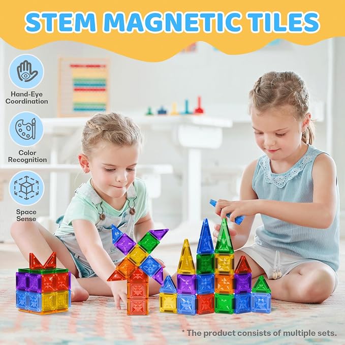 Mini Magnetic Tiles, 51 PCS Travel Magnetic Tiles Set in Iron Box with Magnetic Car - Portable STEM Building Toys, Brand-Compatible, Perfect Educational Gift for Kids Ages 3 4 5 6 7 8 9