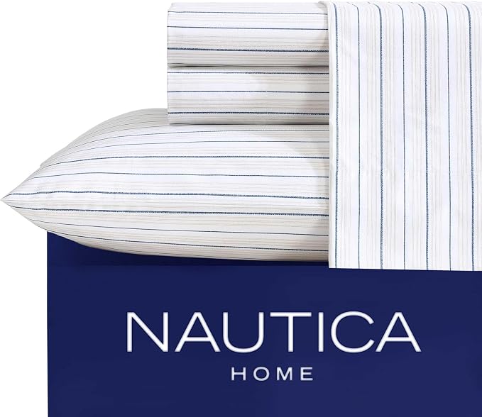 Nautica - King Size Sheet Set, Crisp & Tailored Cooling Sheets with a Smooth Cotton Percale Lightweight Feel - Bed Sheets with Matching Pillowcases & Fitted Sheet (Beaux Stripe Blue)