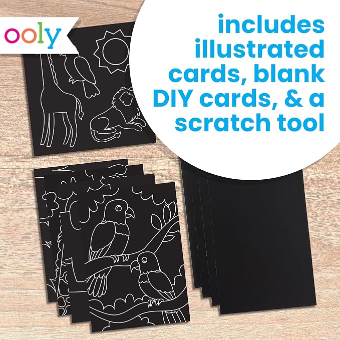 Ooly Scratch & Scribble Travel Crafts for Kids – 1pc Art Kit, Portable Car & Airplane Activity, 8 Scratch Cards + Wooden Stylus + Stickers, Ages 6+ – Colorful Safari