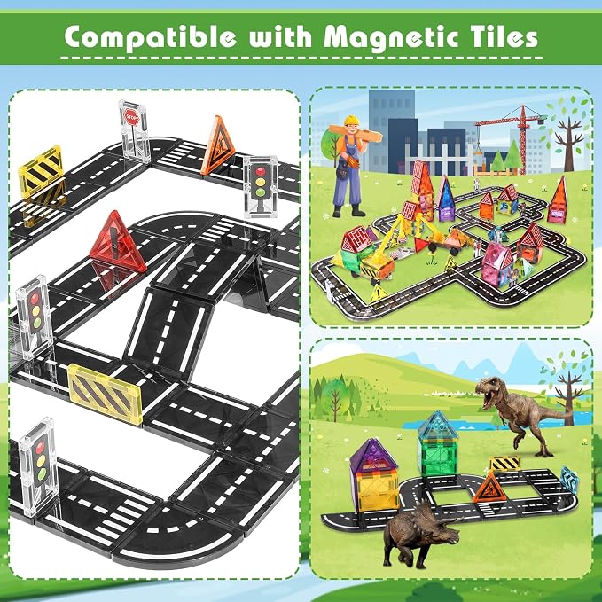 Magnetic Tiles Road Expansion Pack 48 PCS, Magnet Road Tiles for Kids Ages 3-5 4-8 5-7, Expansion Magnetic Building Blocks Educational STEM Creativity Toys 3+ Year Old Boys & Girls Toddlers Kids Gifts