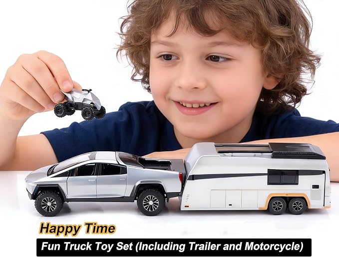 Toy Car Alloy Truck Set with Trailer and Motorcycle Cyberpickup Toy with Sound and Light Effect Pull Back Vehicle RV Toy EV Model Ideal Gift for Kids Boys Girls Adult Age for 3+