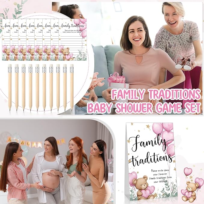 Fumete 61 Pieces Family Tradition Baby Shower Games Include 1 Family Traditions Standing Sign and 50 Activities Cards with 10 Pencils for Gender Reveal Bridal Shower Wedding(Pink,Bear)