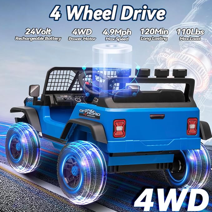 24V Ride on Toys w/Remote Control, 4WD Kids Ride on Truck Car, 3 Speed, Bluetooth Music, Wide Seat, Spring Suspension, LED Light, Birthday for Boys Girls Toddler (BrightBlue)