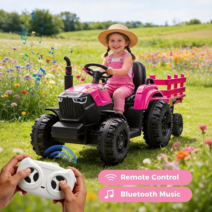 24V Kids Ride-On Tractor with Trailer, 400W Electric Farm Truck with Remote & Pedal Control, Headlights, USB MP3, Power Display, Adjustable Speeds, Safety Belt, Ride-On Toy Gift, Magenta