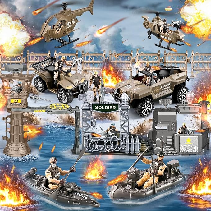 88-in-1 Army Men Toys Sets for Boys 4-7 8-12, Military Base/Truck/Helicopter/Kayak Boat/Motorcycle/Army Men Action Figures/Weapon Gears, Army Toys for Boys Kids Birthday Gifts Party Favors