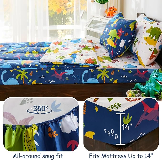 DJY Zipper Bedding Set Twin, Navy Blue Dinosaur Bedding Sets for Boys, Kids Comforter Set with Fitted Sheet Pillowcases, All in One Zipper Bed Set for All Seasons