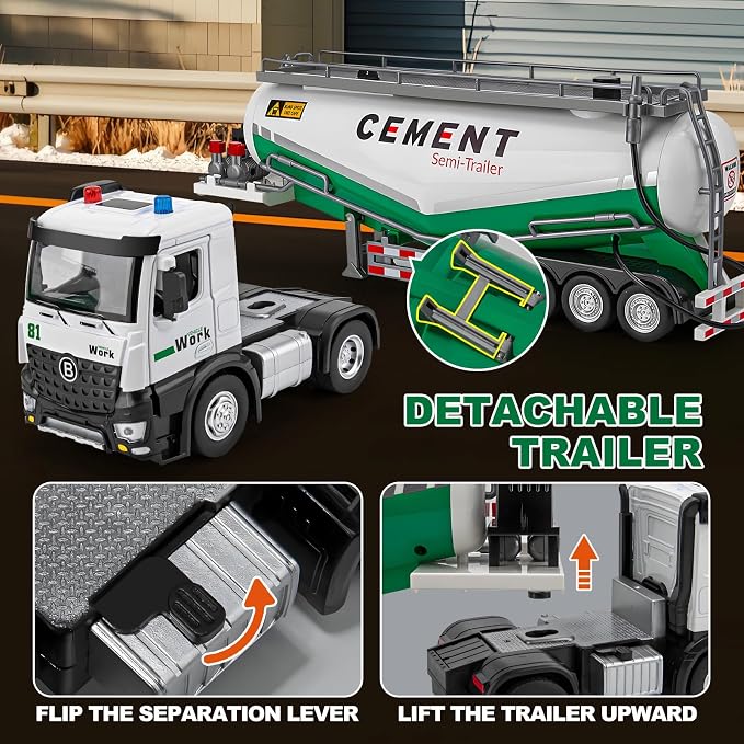 HAPYAD Diecast Semi Truck Toy, Big Tractor Trailer for Boys Toddlers, 18.2" | Large Tanker Truck, Metal Cab, Lights and Sounds, Working Water Pump, Friction Powered Truck and Trailer Toys for Boys Kids