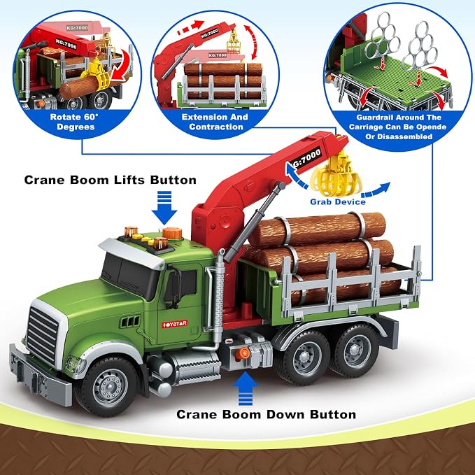 Bstoyder Kids Toys for 3 4 5 6 7 8 Years Old Boys, 15" Farm Logging Truck Toy with Loading Crane and 6 Trunks, Lights, Sounds, Toddler Friction Powered Truck Vehicle Toy for Boys Girls Birthday Gifts