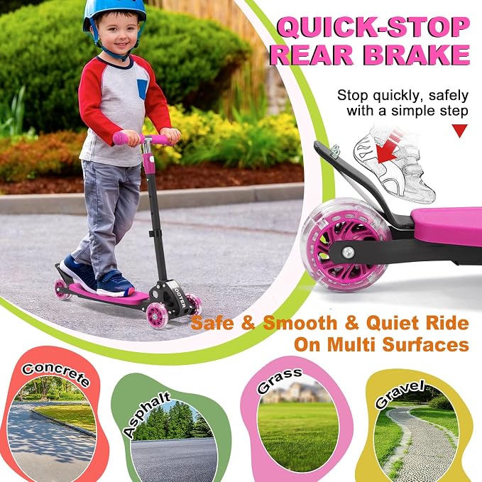Scooter for Kids 3-5 5-7,Light up 3 Wheels Kick Scooter,Heavy Duty Folding Lean-to-Steer Scooters with 3 Adjustable Handlebar for Boys Girls,Widen Anti-Slip Deck,Rear Break,Holds up to 150Lbs