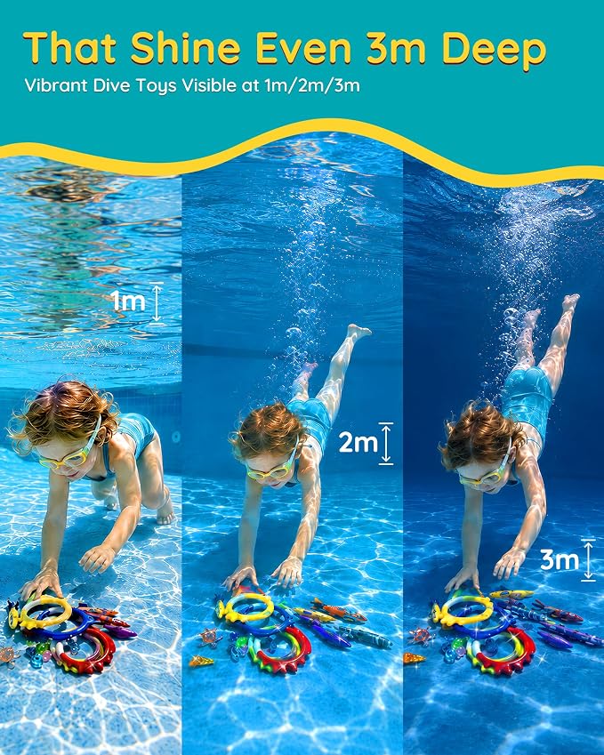 20Pcs Summer Pool Diving Swimming Toys for Kids Ages 3-12, Fun Swim Games Sinking Set, Underwater Dive Gifts with Storage Bag Include Torpedo Gems Shark Rings Sea Animals for Boys Girls Toddlers