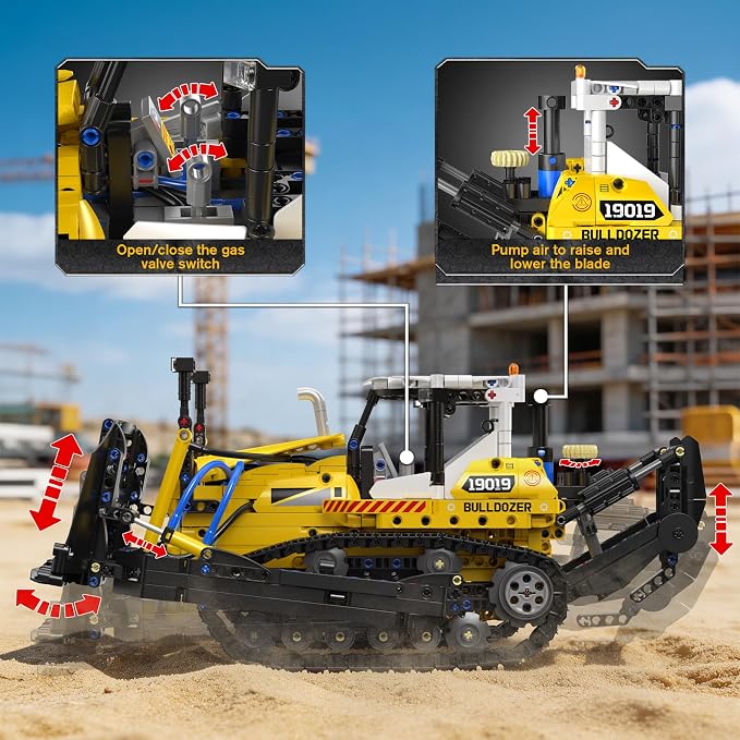 Mould King 19019 Technik Construction Bulldozer Kit with Pneumatic Cylinders, 1200-Piece Engineering Vehicle Model, Creative Building Set for Adult Collectors