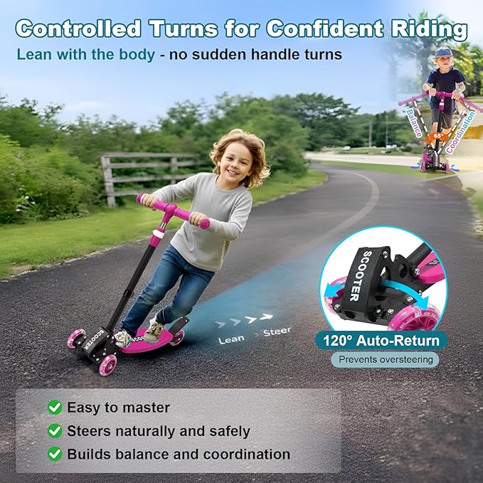 3 Wheel Kids Kick Scooter for Ages 3-12, Lean-to-Steer, Light-Up Wheels, 3-Level Adjustable Handlebar 27.5”-33”, Wide Non-Slip Deck, Dual Rear Brake,Travel Foldable, for Boys & Girls Toy Gifts